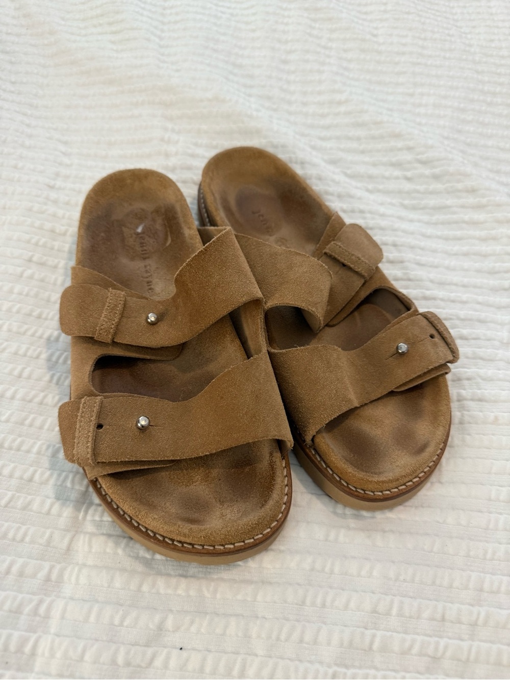 Jenni Kayne Hutton Suede Double-Strap Slide Sandals in Tan EUC